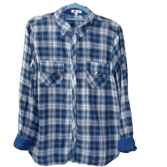 Kut from the Kloth Blue & White Plaid Long Sleeve Snap Front Shirt Size Medium - Picture 4 of 11